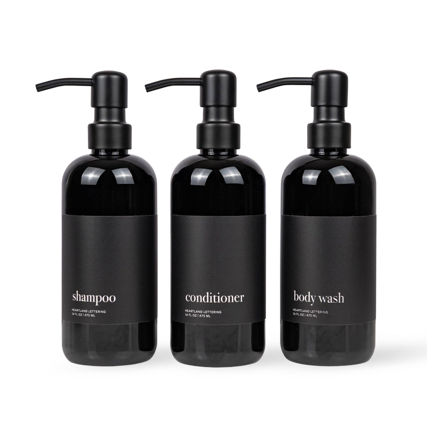 Black Minimalist Shower Dispenser Bottles - Manhattan Collection, Black Matte Label | Black Glossy Bottle: Body Wash / Black Bamboo