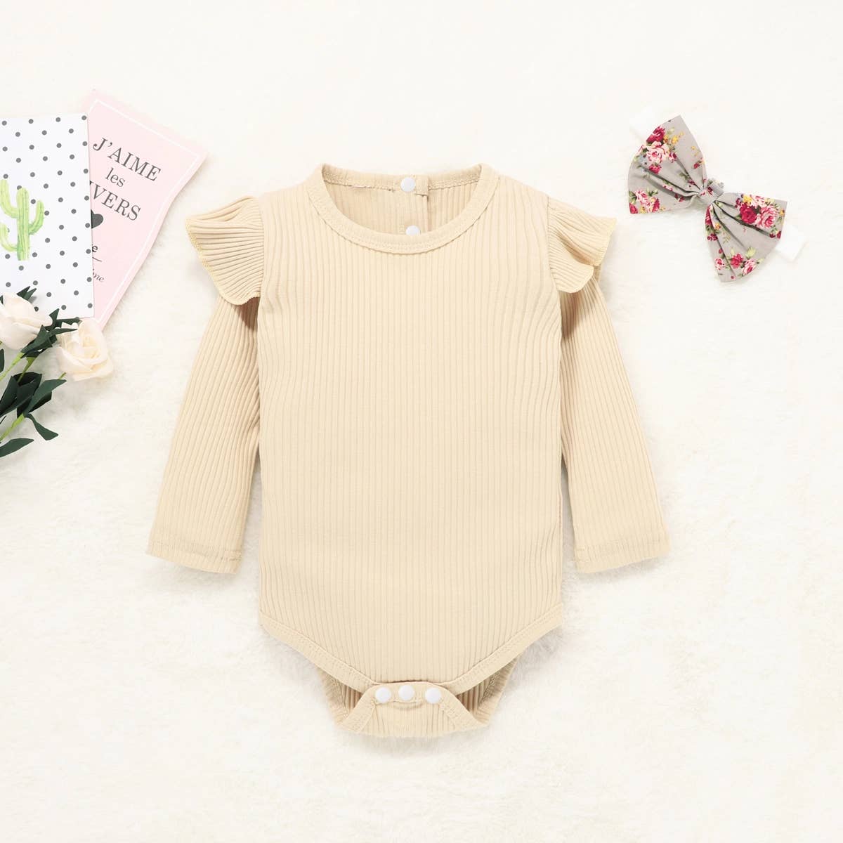 Ribbed 3pcs FloralRuffle Decor Long-sleeve Baby Set: Khaki / 12-18 Months