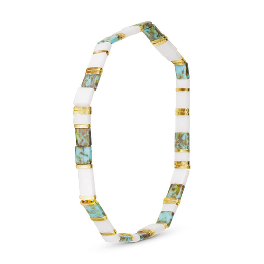 Gold Flat Bead Stretch Bracelet: White & Green Turquoise