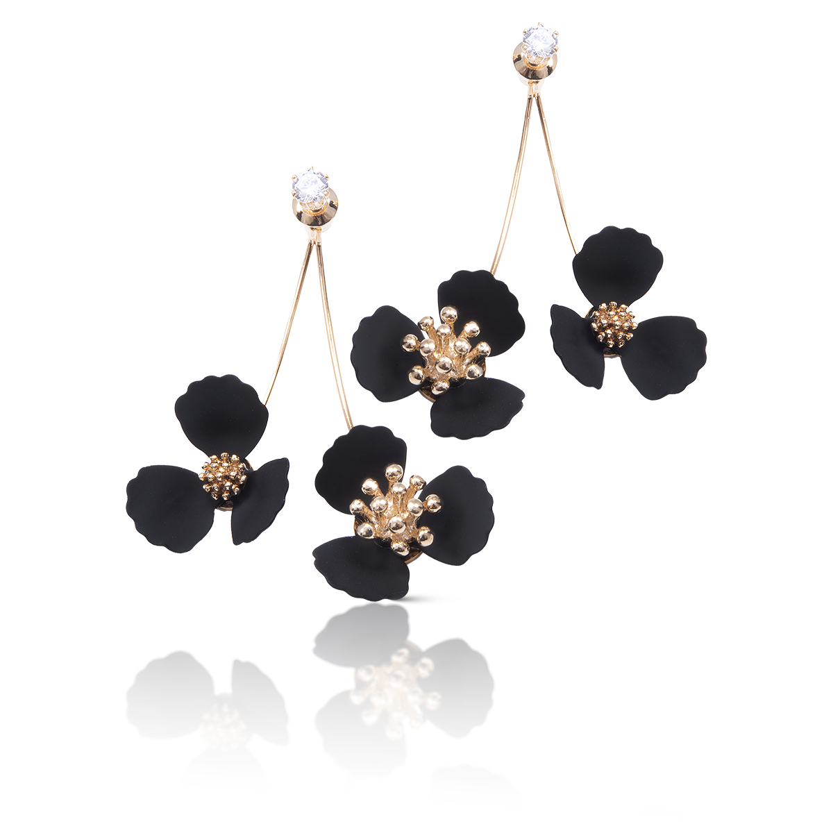Double Flower Drop With Crystal Earrings: Bronze