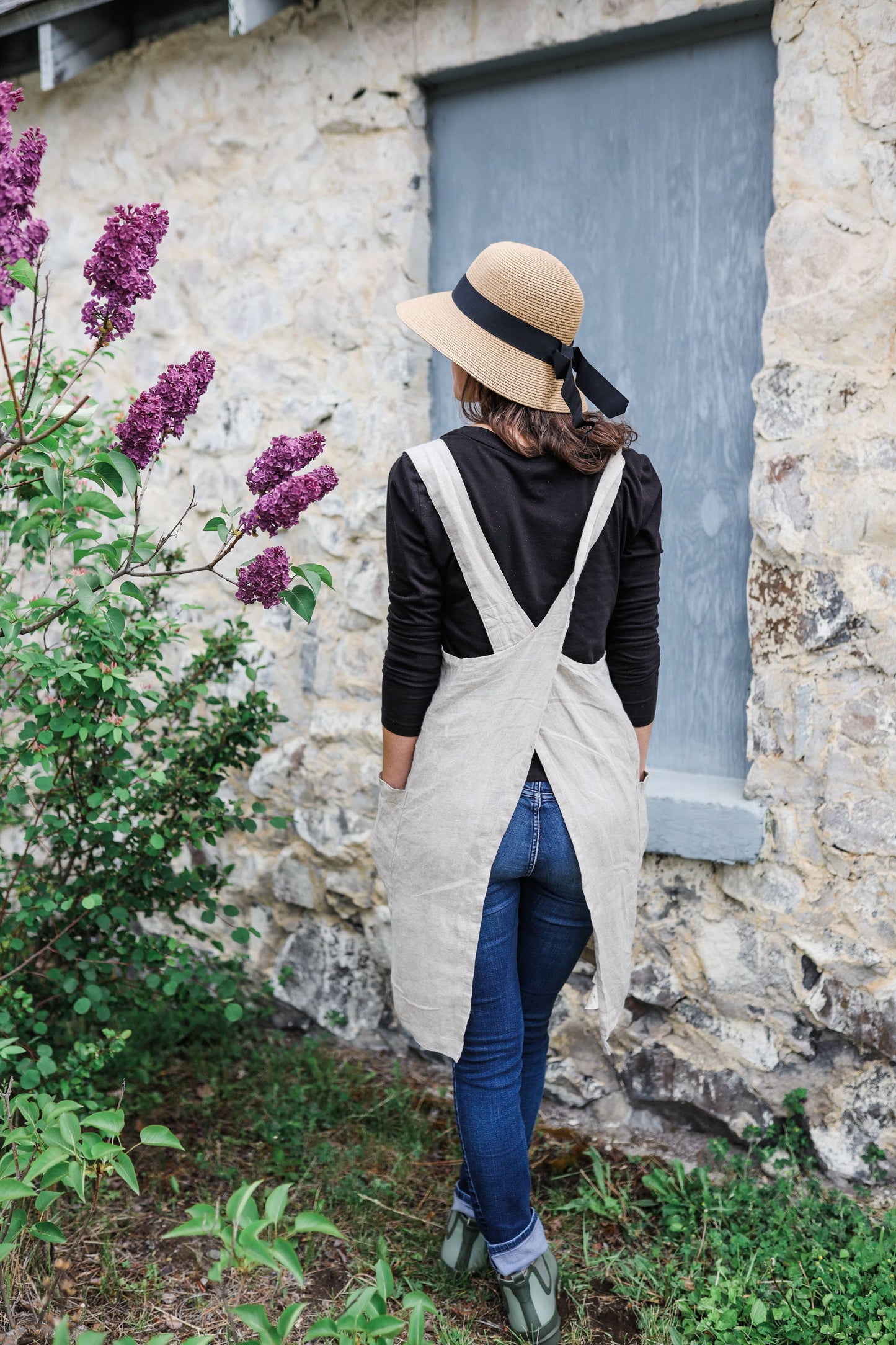 Linen Pinafore ( Japanese Apron): Marine blue / One Size ( US 14 and up or for oversized/loose look)