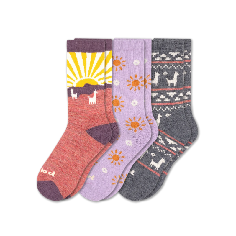 Women's Crew Pacas Socks: Charcoal & TRIBAL/Ivory & RUGBY STRIPE/Lightest Purple / Small / Medium (US: 5 - 8)