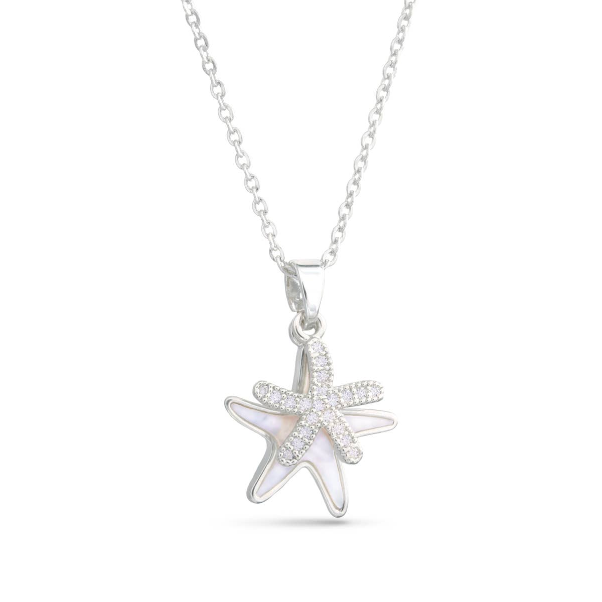 Mother of Pearl and CZ Double Starfish Necklace: Silver