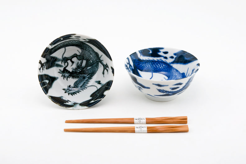 6"Dx2.75"H 2PC BLUE & BLACK BOWL SET W/CHOPSTICKS