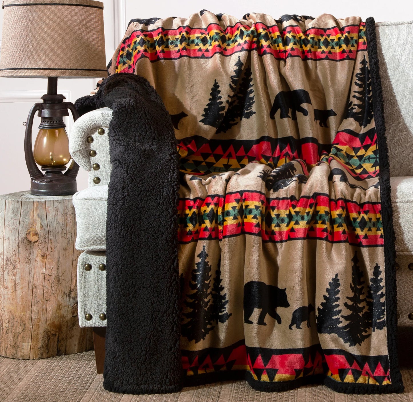 JP868 Carsten's Bear Trails With Black Sherpa Plush Throw Blanket