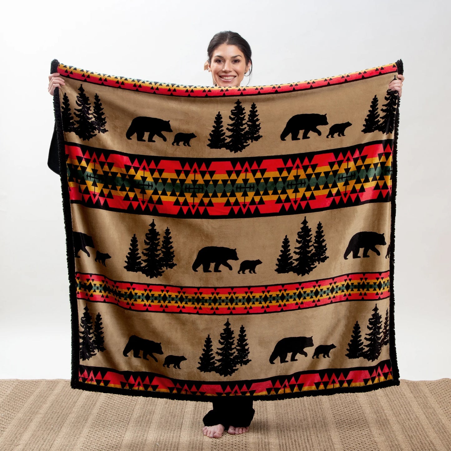 JP868 Carsten's Bear Trails With Black Sherpa Plush Throw Blanket