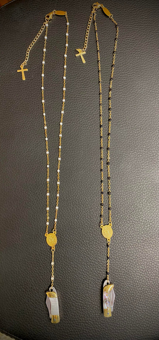 Mini Rosary Knife Necklace -- White or Black Accented Gold Chain