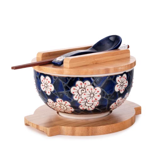30oz BOWL WITH WOODEN LID AND TRIVET SET W/CHOPSTICKS