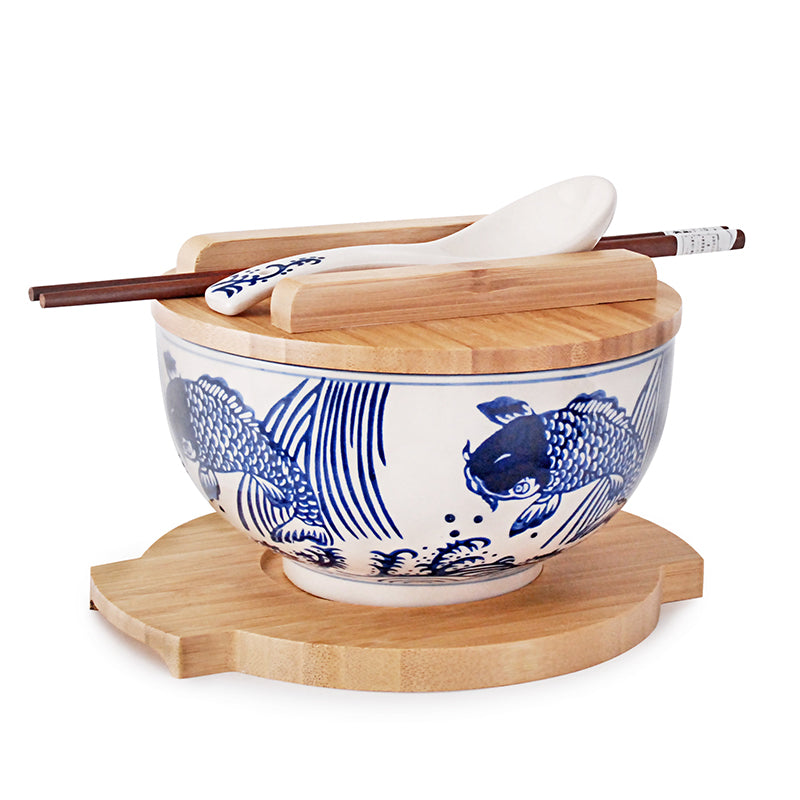 30oz BOWL WITH WOODEN LID AND TRIVET SET W/CHOPSTICKS