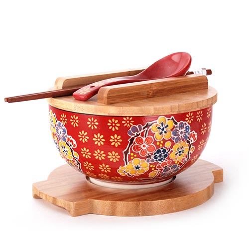 30oz BOWL WITH WOODEN LID AND TRIVET SET W/CHOPSTICKS