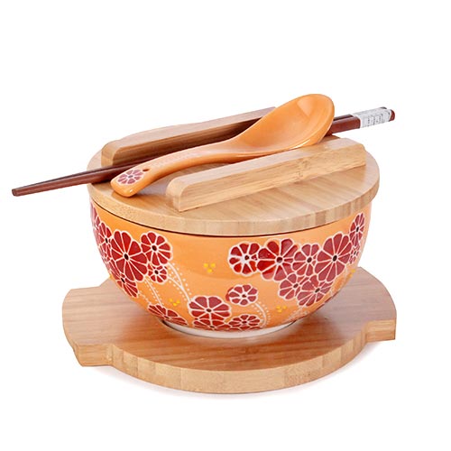 30oz BOWL WITH WOODEN LID AND TRIVET SET W/CHOPSTICKS