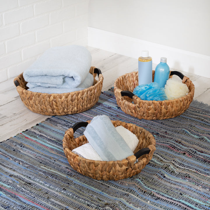 Natural Water Hyacinth Nesting Baskets with Wood Handles, Varying Sizes, Sold Separately