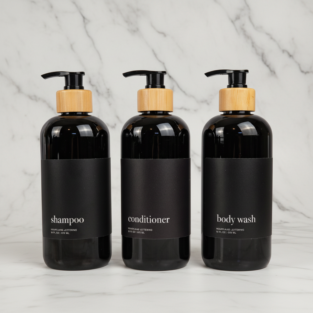 Black Minimalist Shower Dispenser Bottles - Manhattan Collection, Black Matte Label | Black Glossy Bottle: Body Wash / Black Plastic