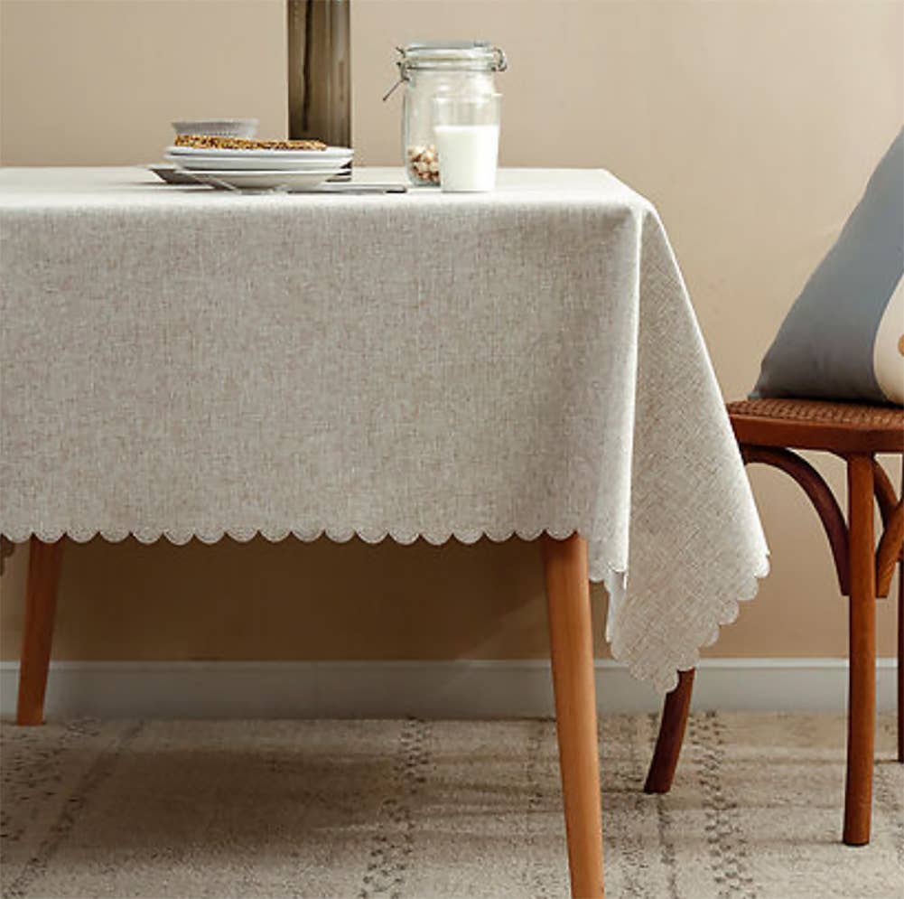 Natural Scalloped Border Wrinkle-Free Tablecloth: 56"x40"
