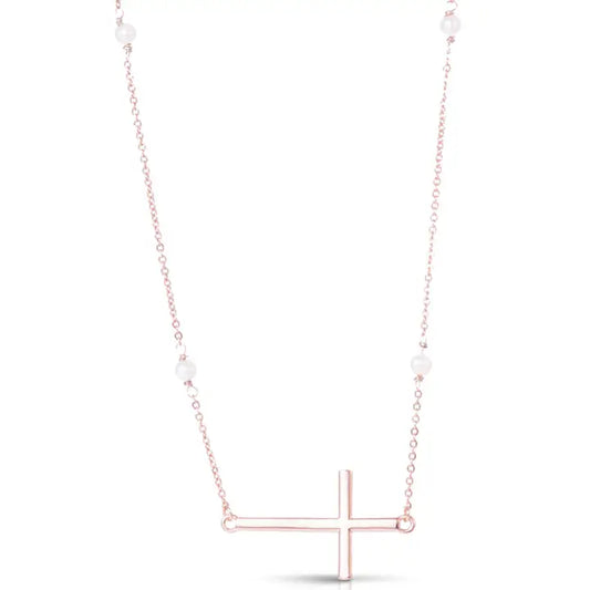 Rose Gold Laying Cross Pearls Necklace - AMANDA BLU
