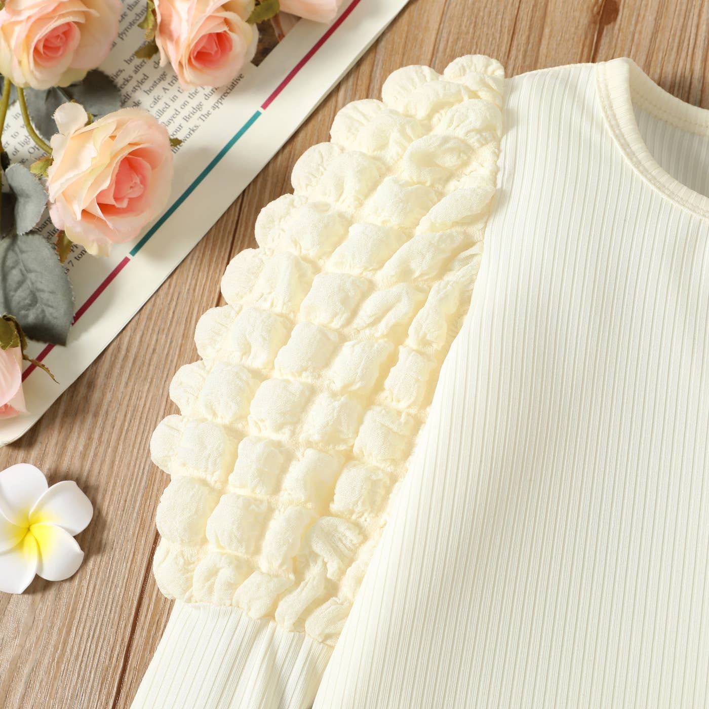 Girl Textured Ribbed Long Puff-sleeve Solid Color Tee: Apricot / 3-4 Years