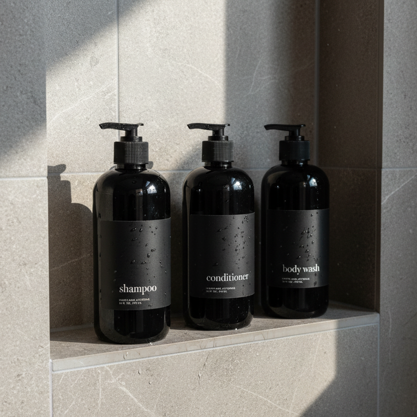 Black Minimalist Shower Dispenser Bottles - Manhattan Collection, Black Matte Label | Black Glossy Bottle: Shampoo / Black Bamboo