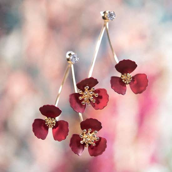 Double Flower Drop With Crystal Earrings: Bronze