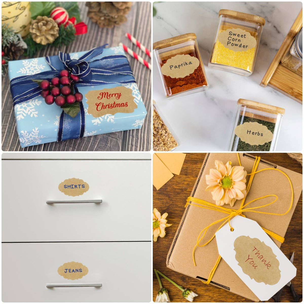 Wrapables Kraft Paper Sticker Labels for Lids, Mason Jars: (300pcs) Fancy Frame