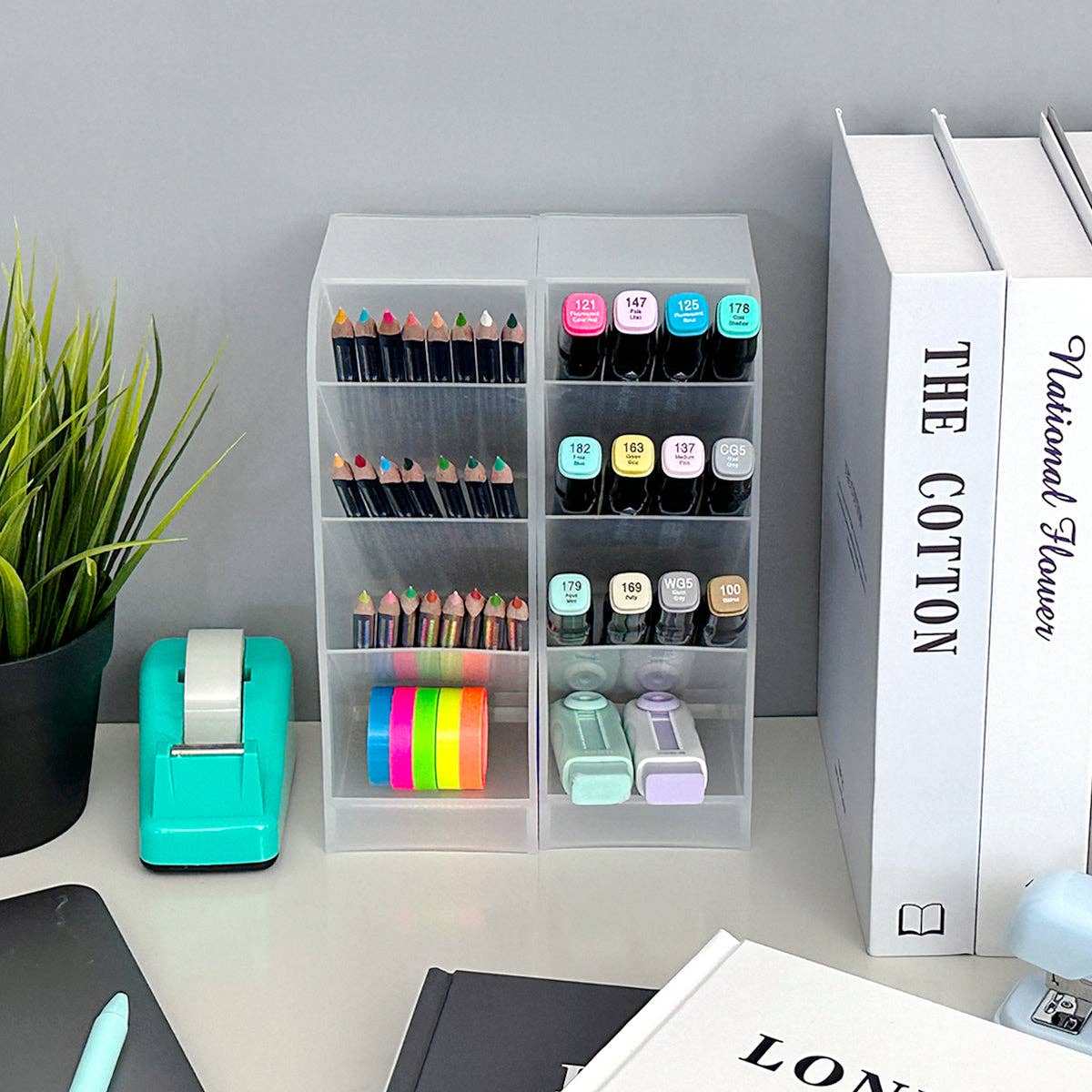 Wrapables Pen Organizer with 4 Compartments Desktop Storage: Large (2pcs) / Clear