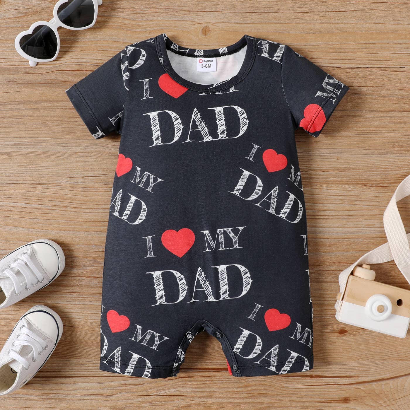 Baby Boy/Girl Allover & Heart Short-sleeve Naia™ Romper: 6-9 Months / Black