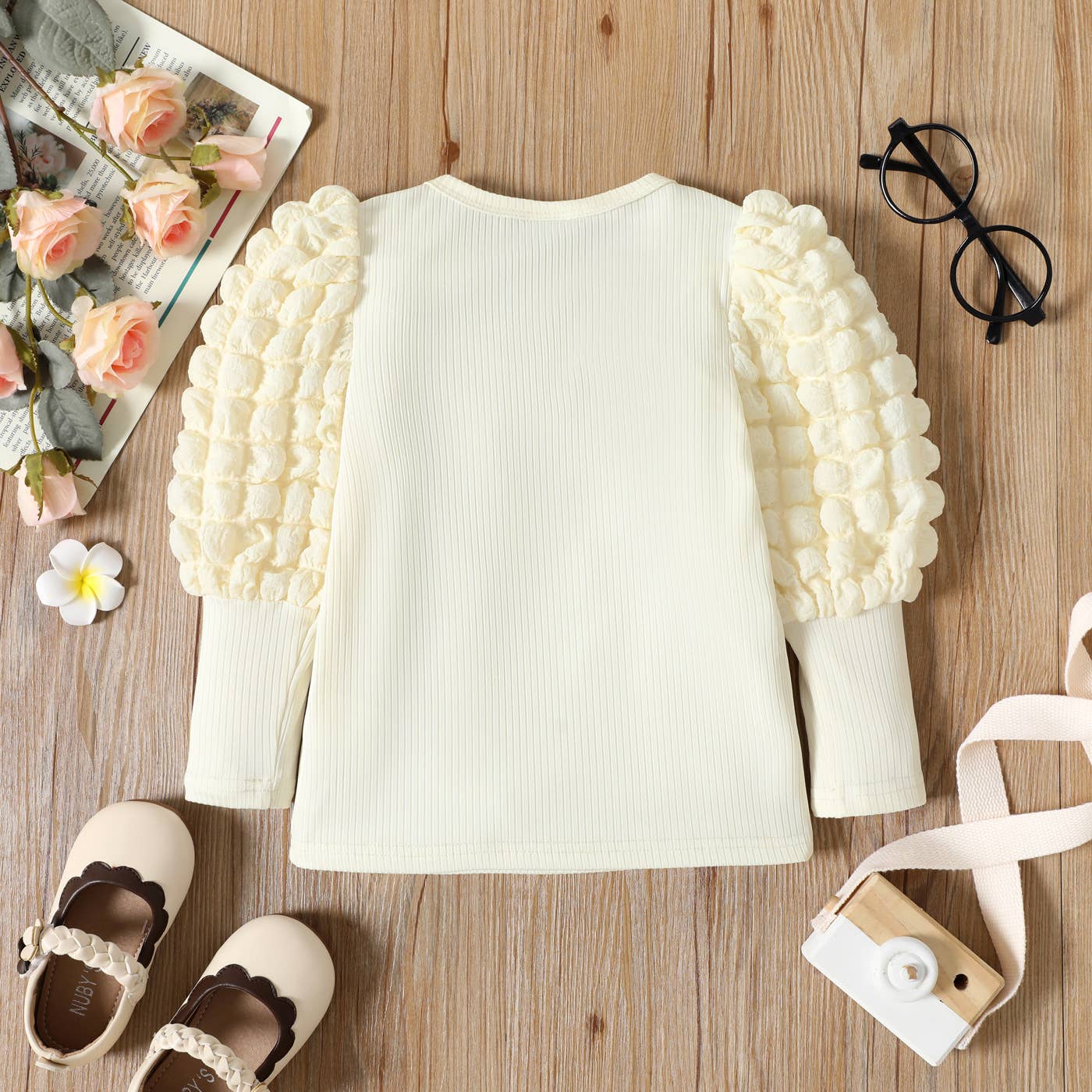 Girl Textured Ribbed Long Puff-sleeve Solid Color Tee: Yellow / 3-4 Years