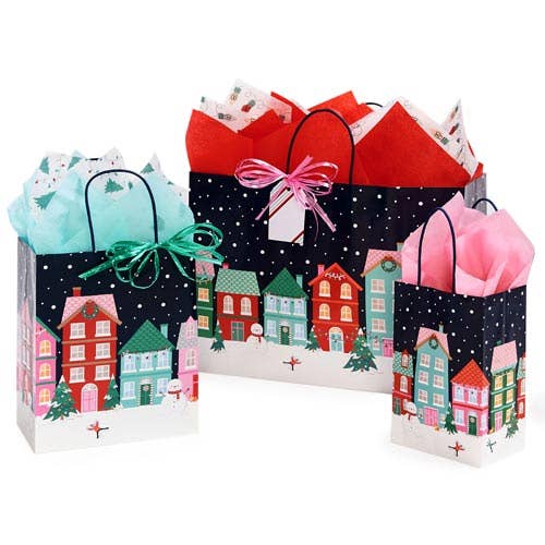 Christmas Village Paper Retail Gift Bags: 25 Pack / Cub 8x4.75x10"