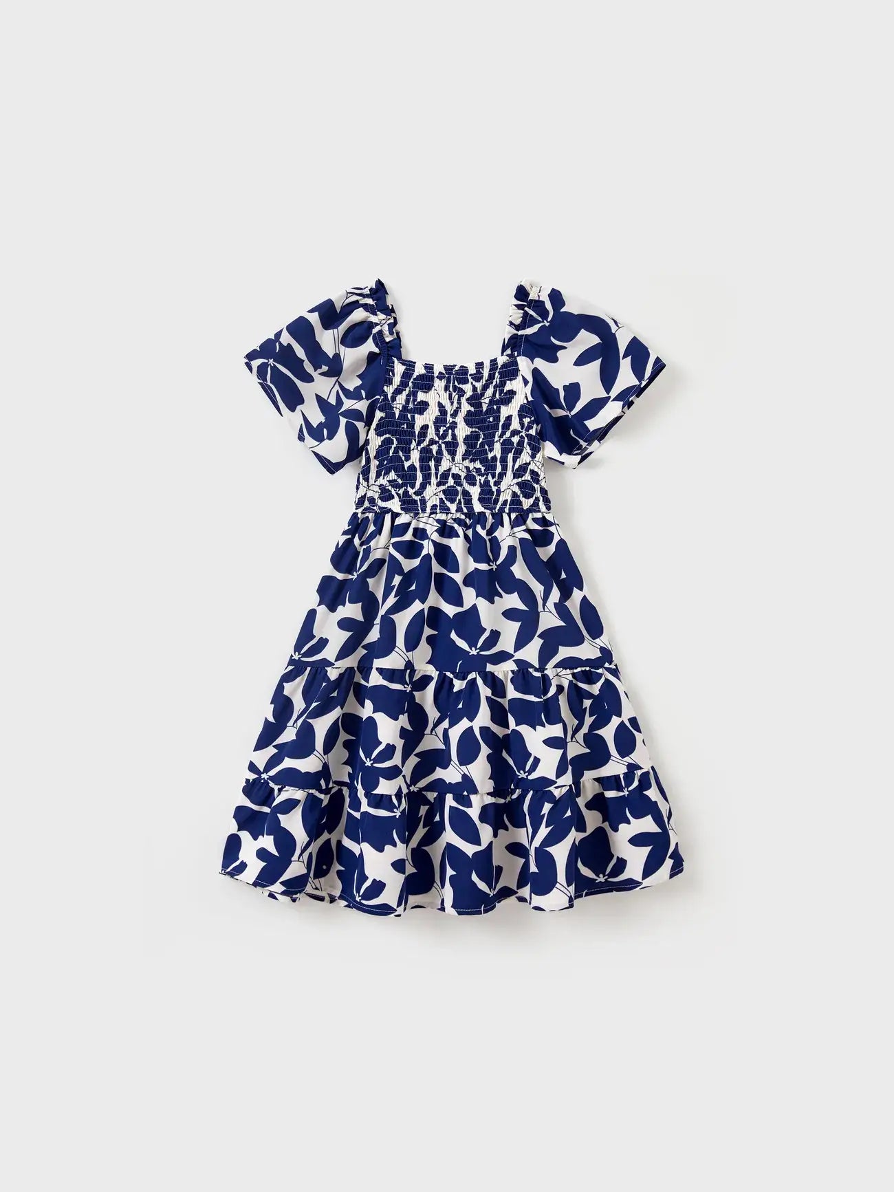 Toddler or Kid Girl Leaf Smocking Puff-sleeve Dress: Blue / Toddler Girl: 3-4 Years