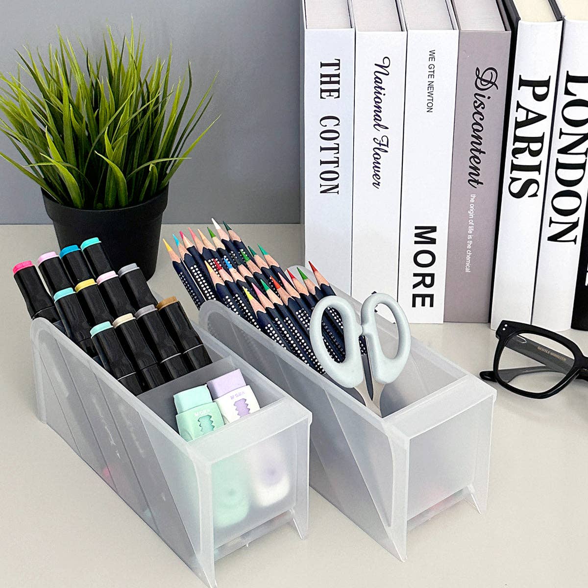 Wrapables Pen Organizer with 4 Compartments Desktop Storage: Large (2pcs) / Clear