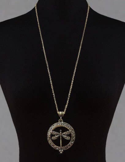 Dragonfly 6x Magnifier Glass Top - Necklace Design: Antique Gold