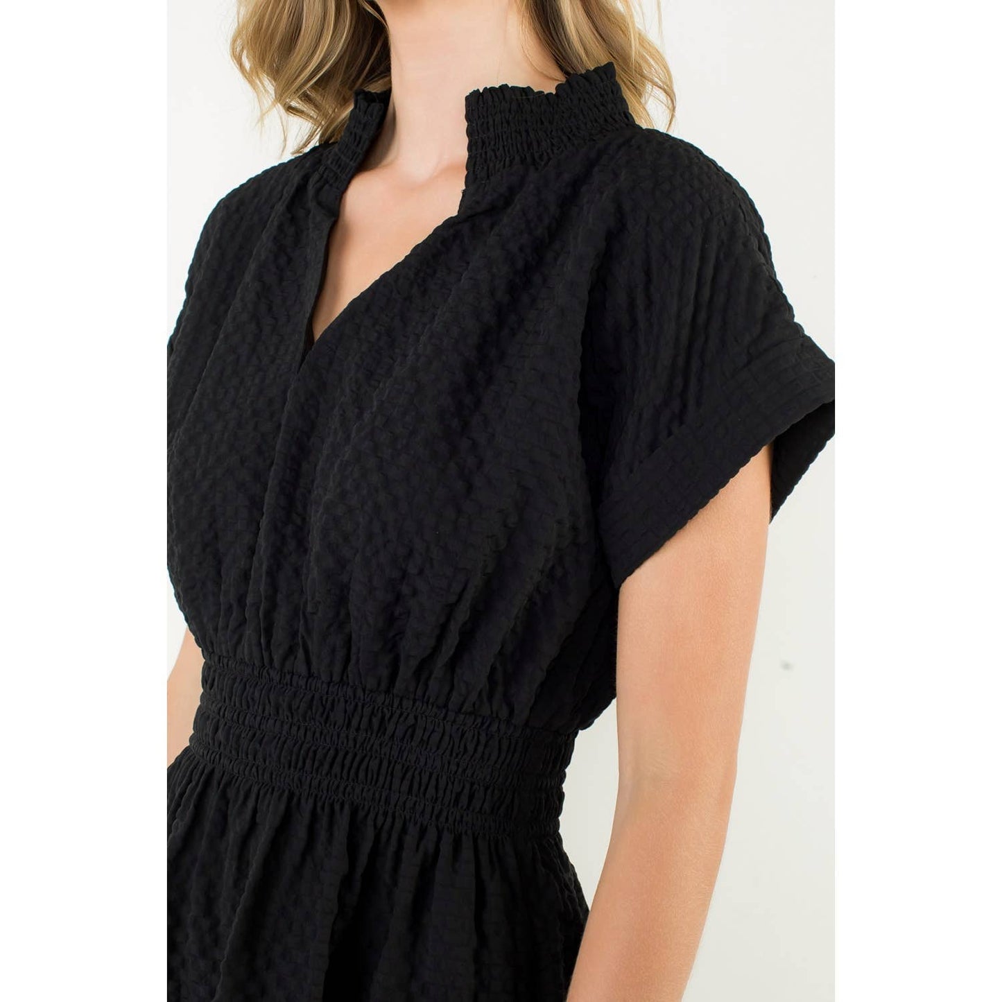 Textured Split Neck Smocked Waist Dress: BLACK / XS-S-M-L(1-2-2-1)