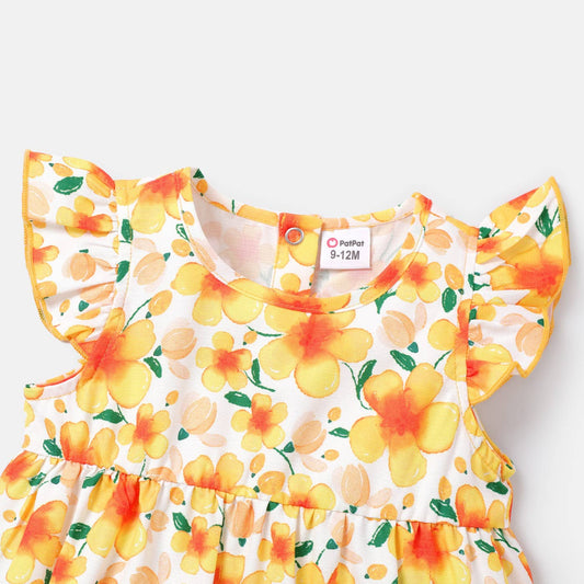Baby Girl Allover Floral Print Flutter-sleeve Romper: Yellow / 9-12 Months