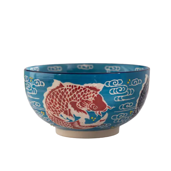 Japan Koi Fish Bowl w/ Chopsticks, Spoon, Lid and Trivet Set