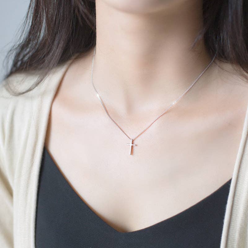 Dainty Cross Charm Pendant Necklace in 925 Sterling Silver: Gold