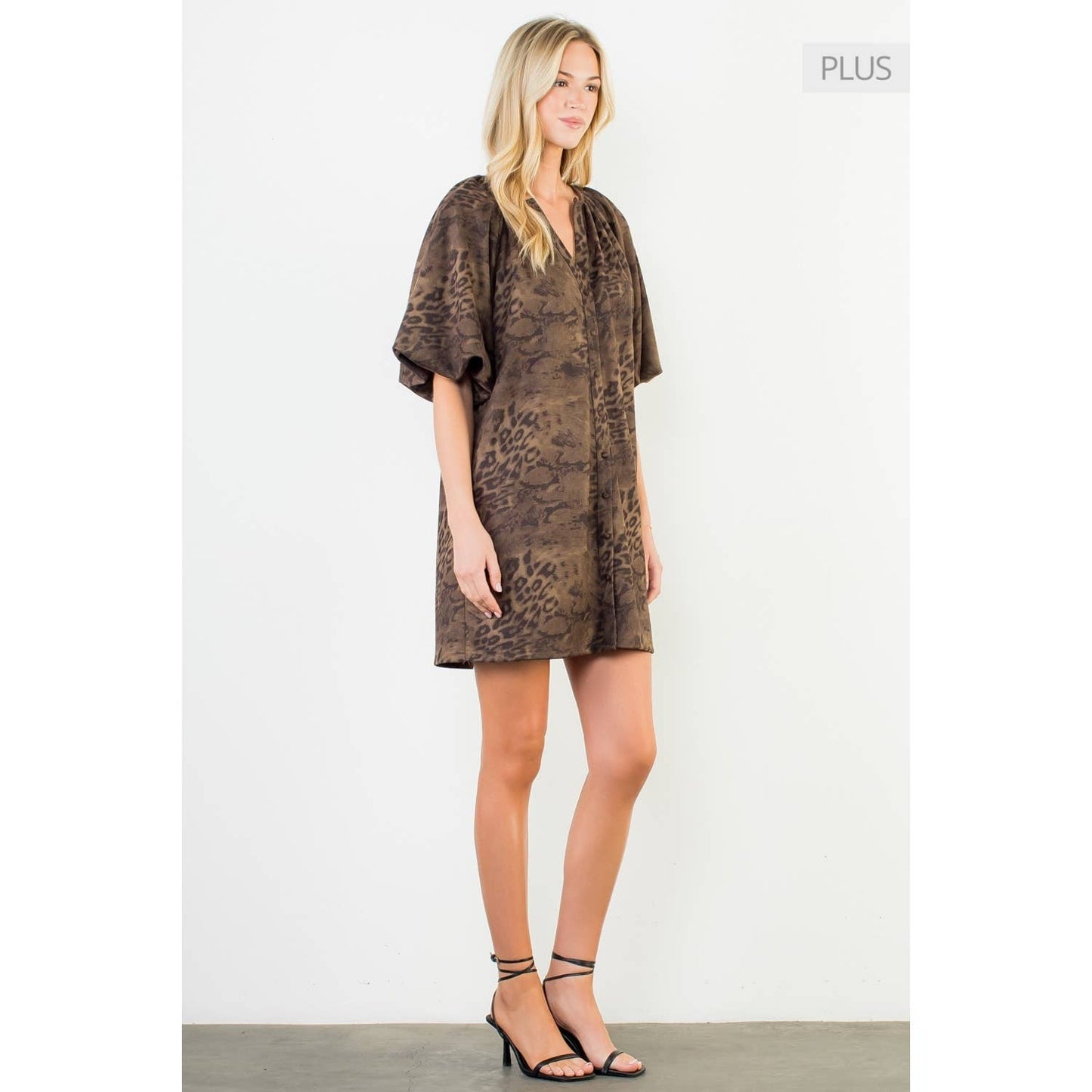 /Size XL/ Puff Sleeve Leopard Dress: OLIVE / XL