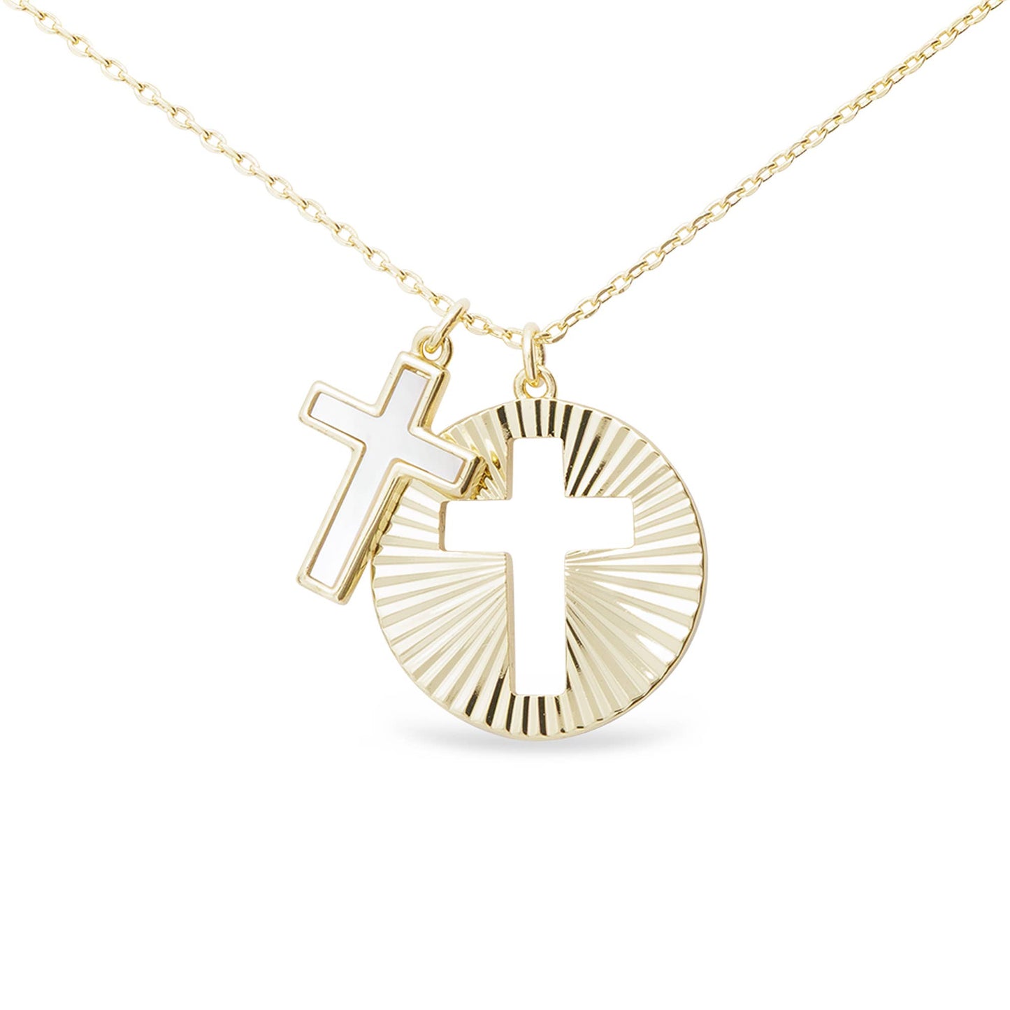 Gold MOP Cross and Gold Disc Cutout Necklace