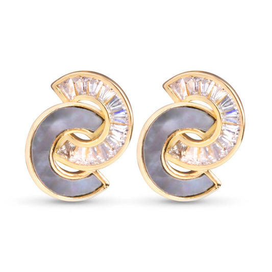 Grey Mother of Pearl and CZ Half Cicle Post Earrings -  Gold - AMANDA BLU