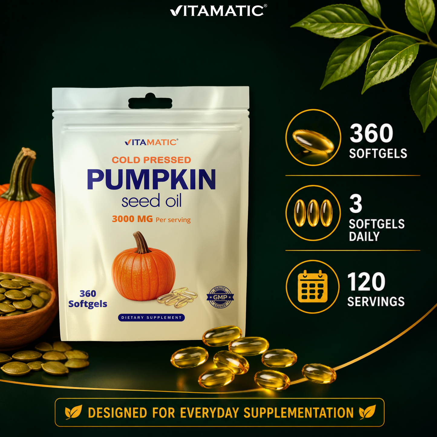 Vitamatic Pumpkin Seed Oil 3000 mg per Serving, 360 Softgels