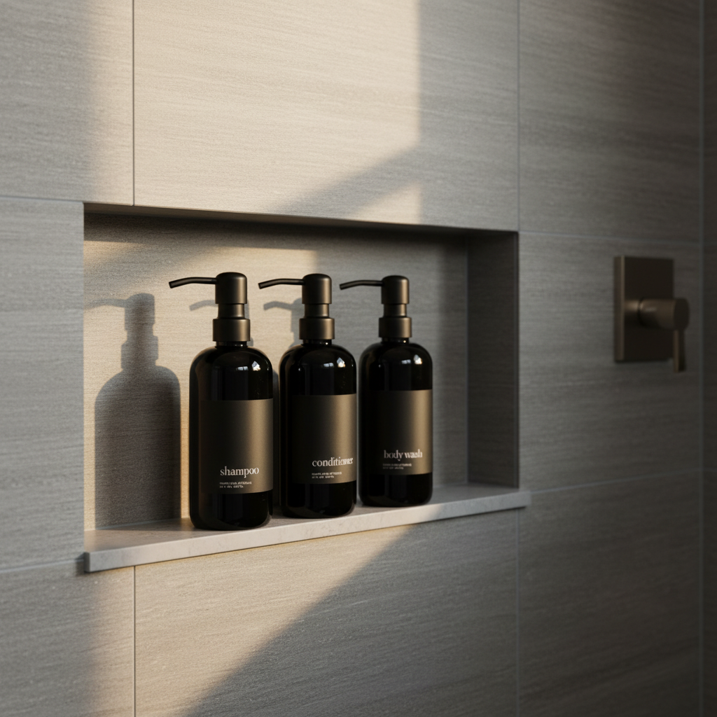 Black Minimalist Shower Dispenser Bottles - Manhattan Collection, Black Matte Label | Black Glossy Bottle: Body Wash / Black Plastic