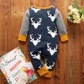 100% Cotton Reindeer Block Long-sleeve Baby Jumpsuit: Dark Blue / Newborn