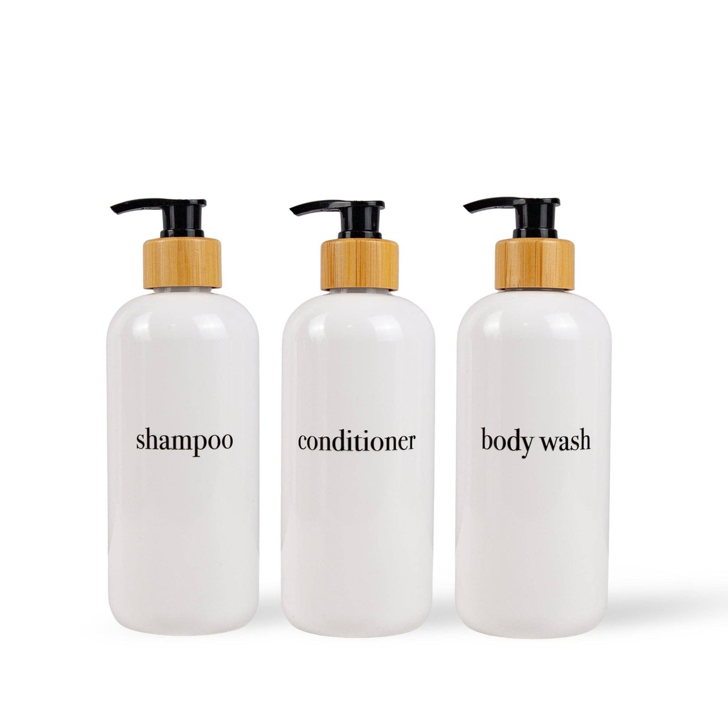 Shampoo & Conditioner Bottle Sets - Refillable | White Dispensers | Bamboo or Plastic Tops: White / Shampoo / Black / Plastic