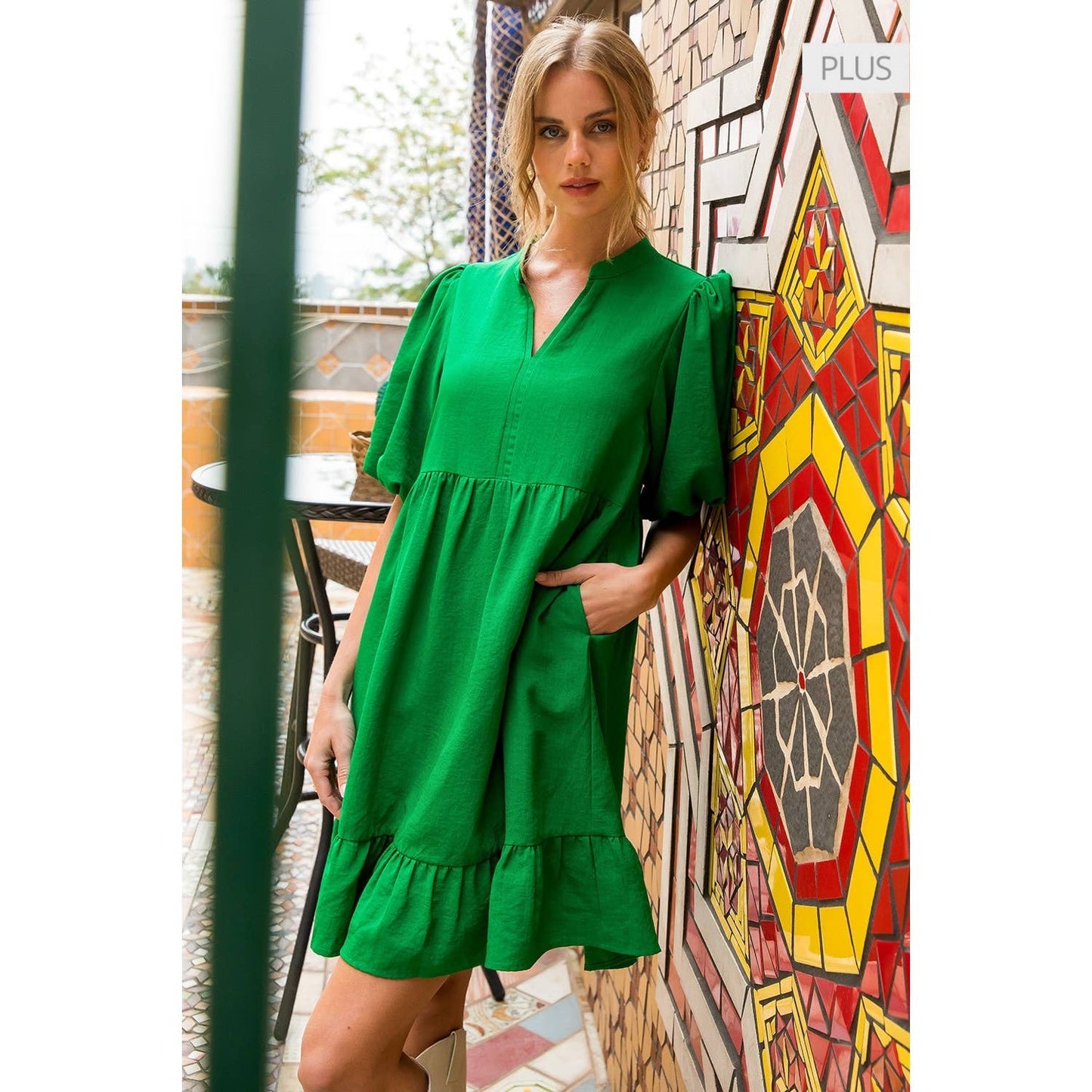 /Size XL/ Babydoll Puff Sleeve Ruffle Hem Mini Dress: GREEN / XL