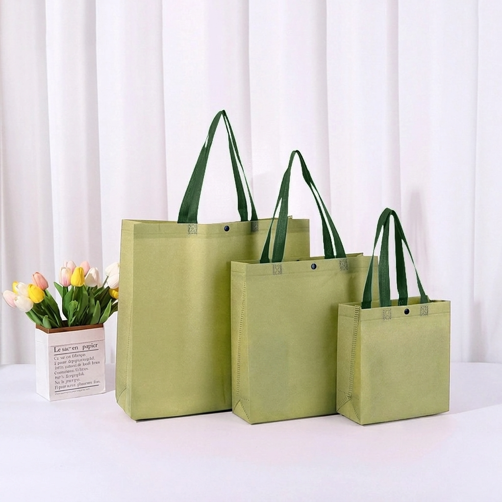 50pcs, 4 Sizes Matcha Green Handle Button Non-woven Gift Bag: Xlarge