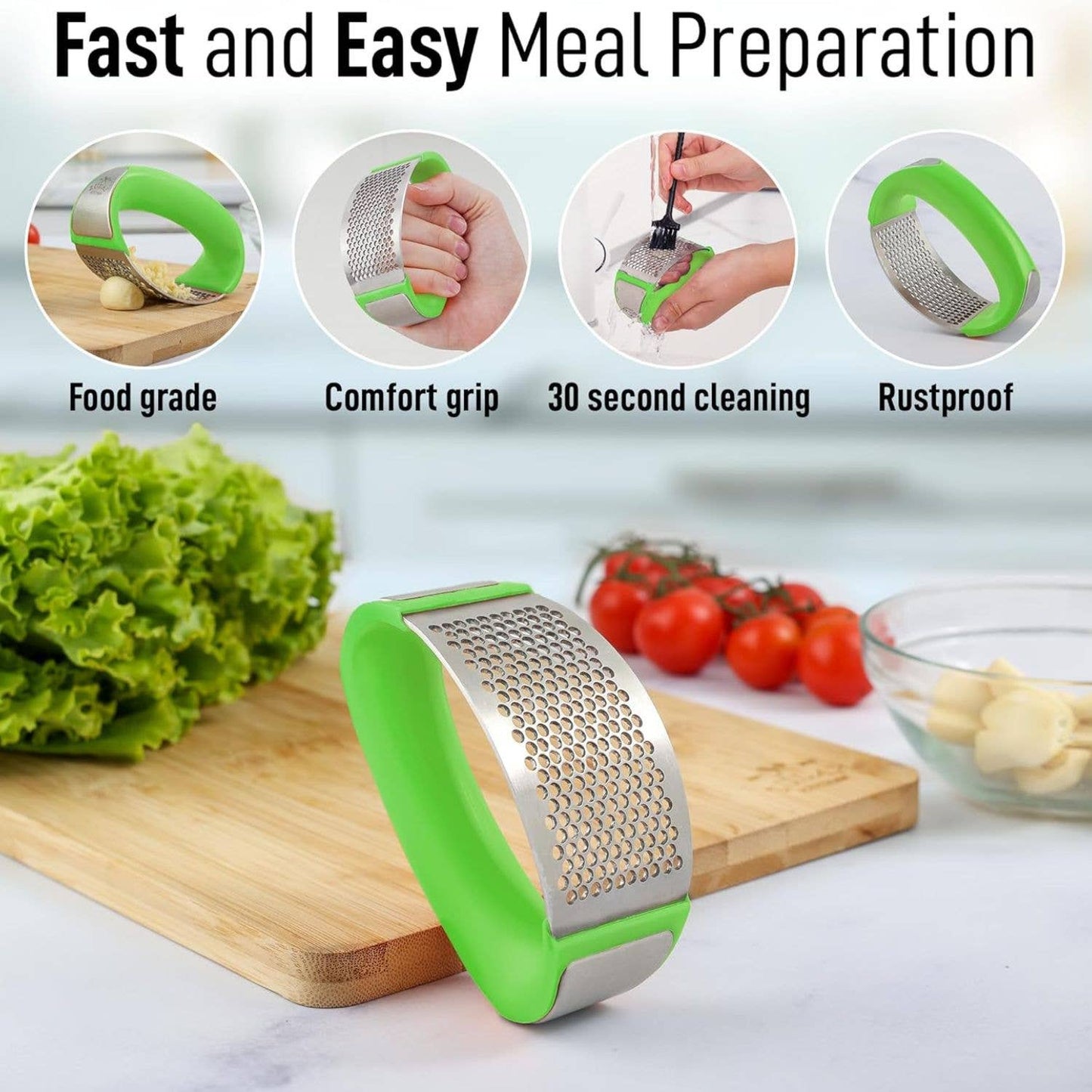 Garlic Press Rocker With Silicone Peeler & Scraper Set: Blue
