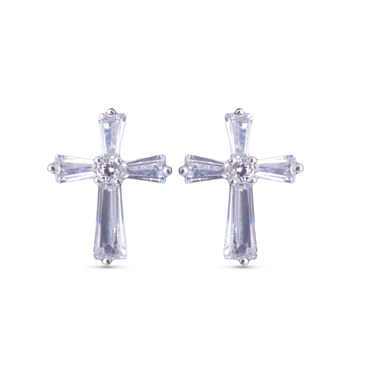 Baguette Cross Earrings - Silver