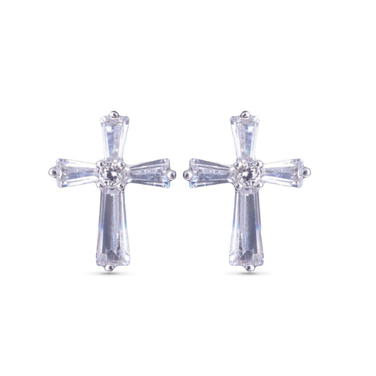 Baguette Cross Earrings - Silver