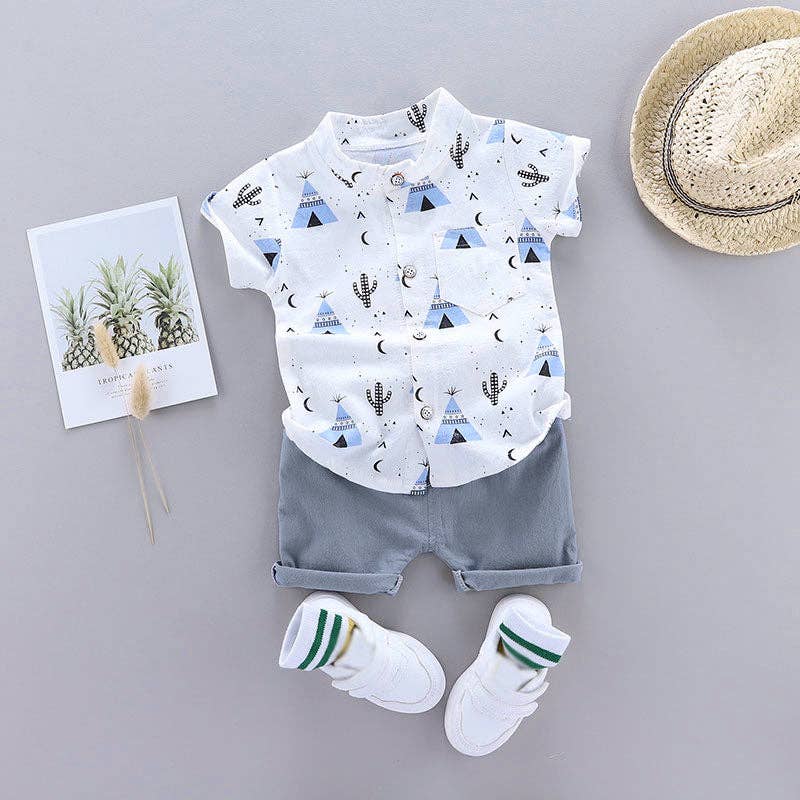 Cactus Print Short-sleeve Shirt and Pants Set: Green / 3-6 Months
