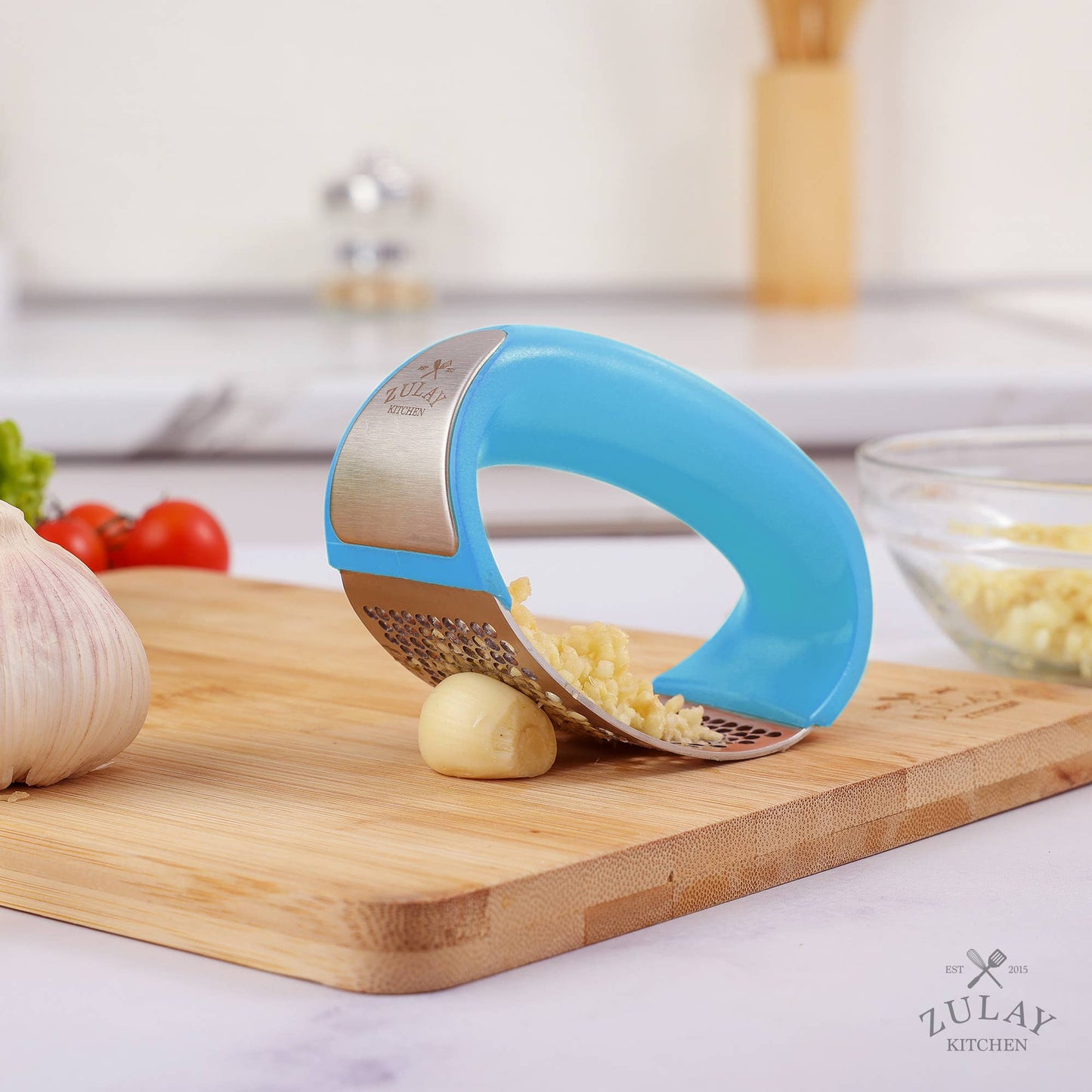 Garlic Press Rocker With Silicone Peeler & Scraper Set: Blue