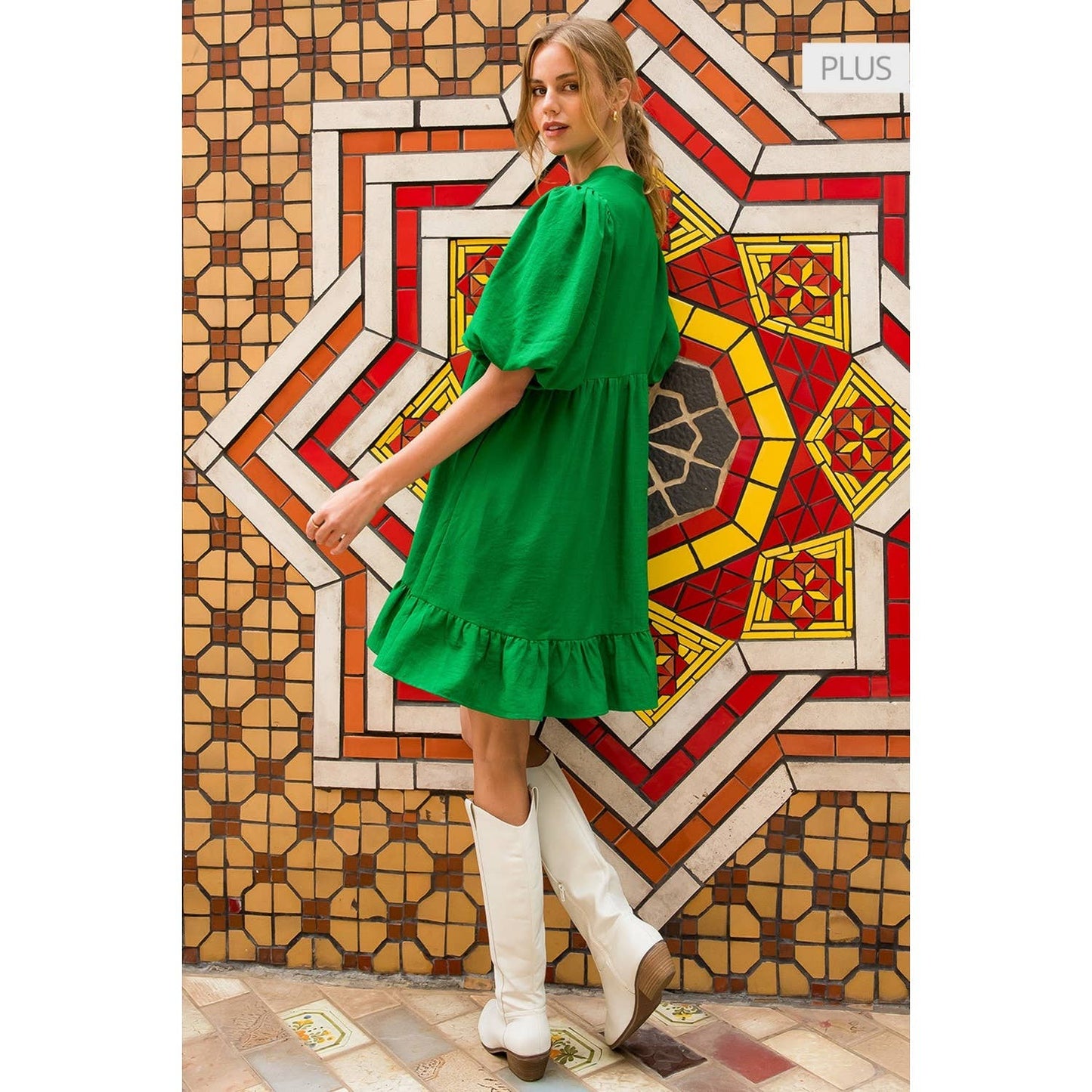 /Size XL/ Babydoll Puff Sleeve Ruffle Hem Mini Dress: GREEN / XL