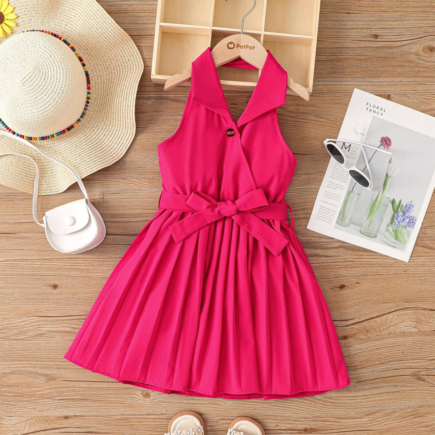 Summer Girls Halter Pleated Dress 1pc Solid Color: Roseo / 9-10 Years